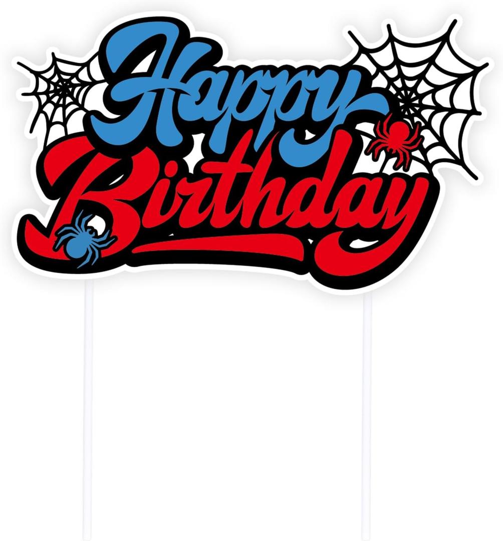 Spider Birthday Cake Decoration, Cartoon Spiderweb Happy Birthday Cupcake Toppers Decor for Boys Kids Blue & Red Spider Themed Friends Party Supplies