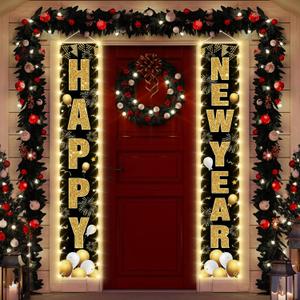 71 x 12 Inches Happy New Year Lighted Banner for Doorway Porch Yard, Festive NYE Holiday Theme Decor Outdoor Indoor Front Door Wall Welcome Hanging LED Banner Door Sign Decorations Party Supplies2025