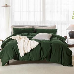 Queen Cooling Duvet Cover Set - 3 Pieces 100% Cotton Bedding, Breathable, Crisp Linen-Like Texture, Naturally Soft & Gets BetterHidden Zipper & Corner Ties Forest Green, 90"x90"