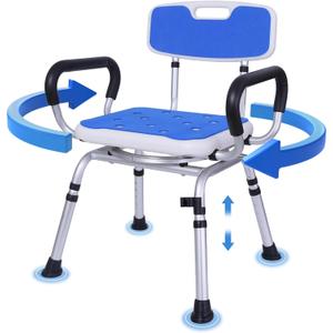 Swivel Shower Chair: 400 lbs Heavy Duty Shower Chair for Elderly Disabled Injured - Height Adjustable Shower Stool with Arms & Back - Non-Slip Rotating Shower Bench Seat for Tubs (Dark Blue)