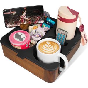 Couch Cup Holder Tray, Real Acacia Wooden Caddy with Soft Silicone, Snack and Drink Organizer- Perfect Movie Night Accessories for Bed, Remote and Cup Holders for Sofa (Black)