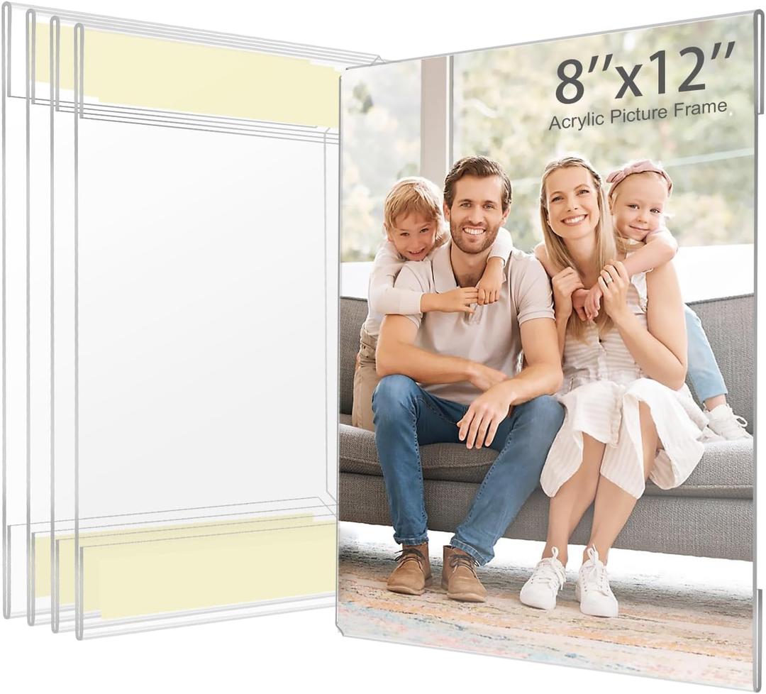 8x12 Acrylic Picture Frame, Clear Frameless Photo Frame for Wall Mount, No Drilling Picture Frames with Tape, Pack of 5 Floating Hanging Picture Frames for Home, School, Office