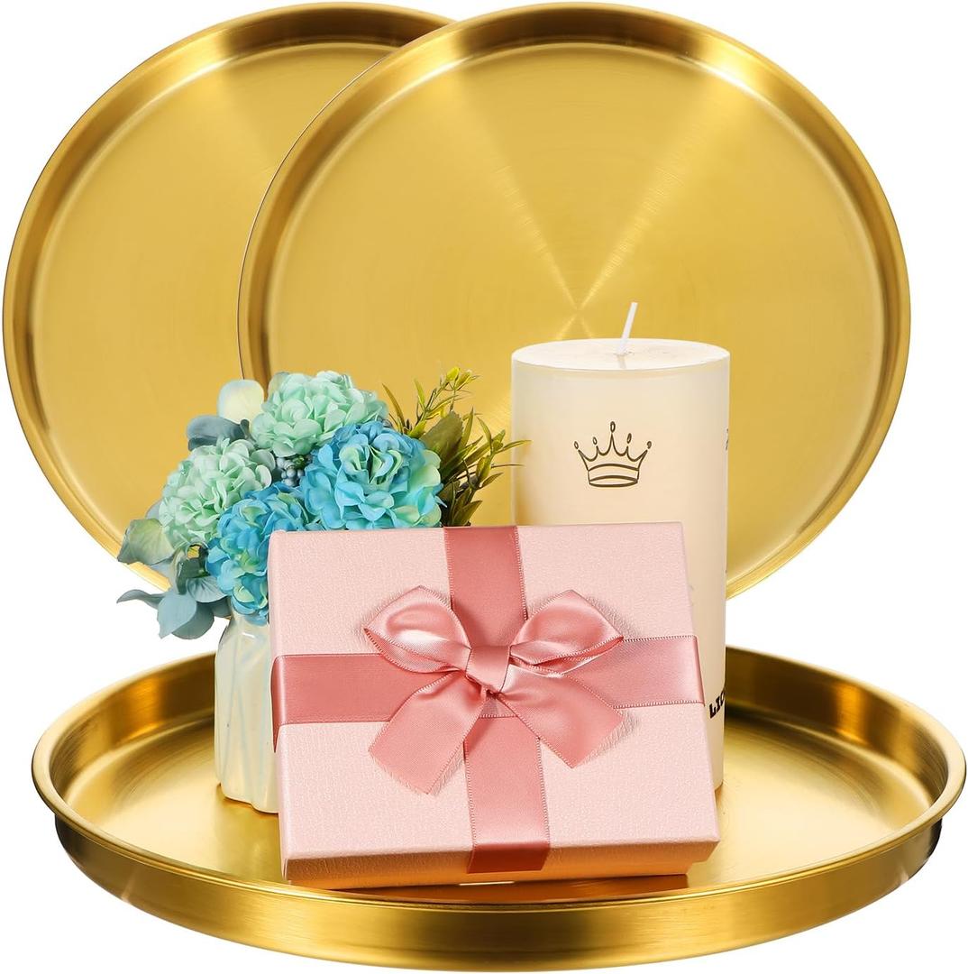 3 Pieces Round Serving Tray Stainless Steel Round Coffee Table Tray Circle Decorative Tray Decorative Vanity Tray Jewelry Makeup Organizer for Bathroom Candle Perfume, Gold