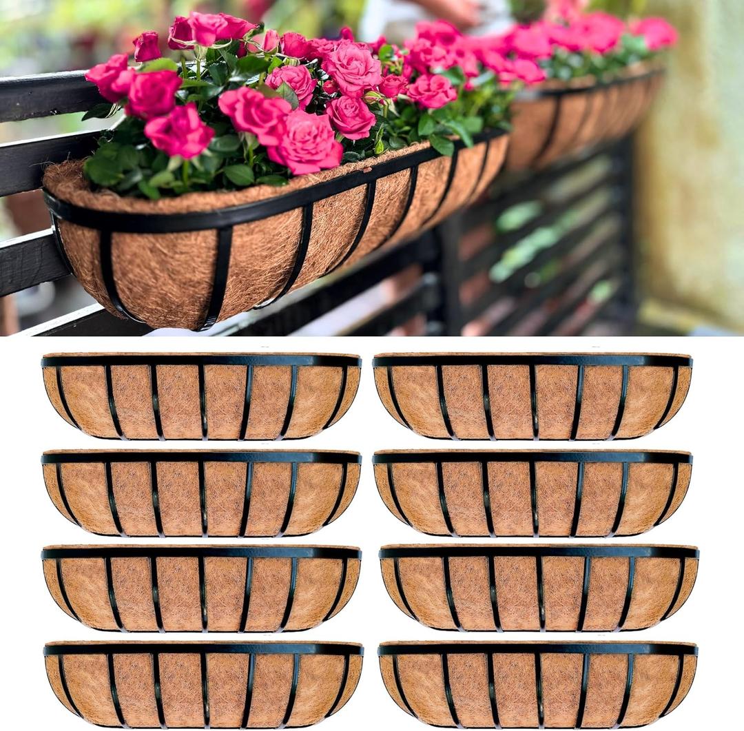 LaLaGreen Outdoor Wall Planter for Plants (24 Inch, 8 Pack) Large Black Metal Basket with Coco Liner, Window Flower Box Deck Railings Hanging Balcony Plant Holder Pot Garden Fence Balcony Patio Rail