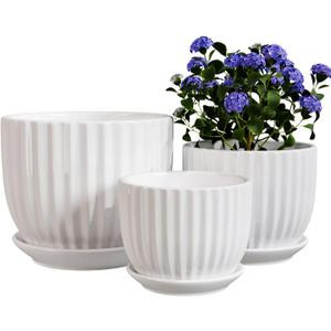 Ton Sin White Plant Pots Set of 3,Indoor Ceramic Flower Pot with Saucers,6.7"&5.5"&3.9" Inch Small to Medium Sized Planters for Plants,Round Modern Garden Pots