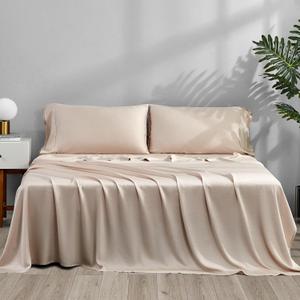 ACCURATEX Cooling Sheets King Size - Viscose Made from Bamboo, Luxury Cool Silky Sheet Set for King Size Bed, Super Soft Breathable Bedding Sheets up to 16 inches Deep Pockect,Sandy