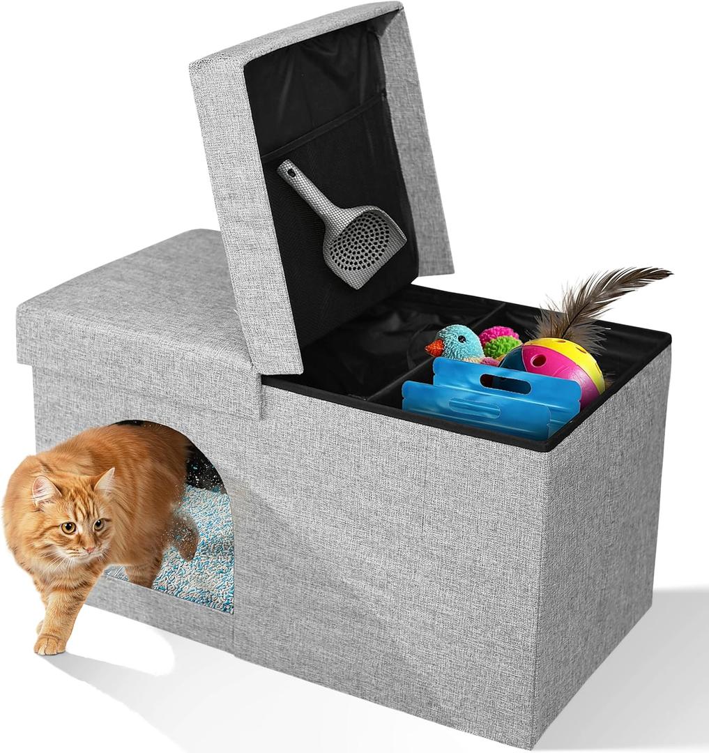 2-in-1 Cat Litter Box Enclosure Furniture with Waterproof Liner  Hidden Cat Litter Box Furniture, Ottoman with Storage & Odor-Control Tray for Small to Medium Breeds (Gray, Medium)