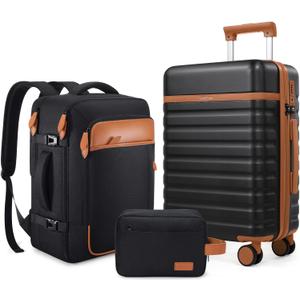 UKEIN Luggage Sets 3 Piece, PC Hardside Checked Luggage 24 Inch With Spinner Wheels with TSA Lock, Large Suitcase Set With Travel Backpack for Men (Black, 3 piece set (24inch))