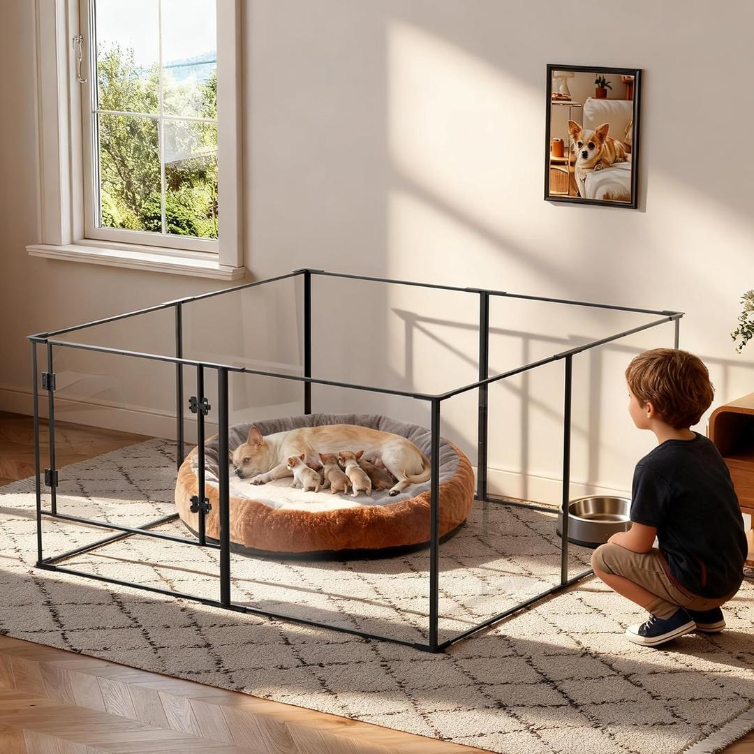 Acrylic Dog playpen Indoor: Clear Puppy Pen for Small Medium Dogs Cats with Metal Frame - 8panels 24inch Tall Transparent pet Fence with Door for Rabbits Guinea Pig