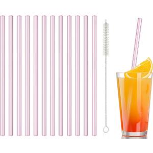 12 Pcs Reusable straight Glass Straws,8"x 8 mm Pink Short Glass Drinking Straws with 2Pcs Cleaning Brush,Shatter Resistant for Tea, Smoothies, Milkshakes, Juices,Beverages(Pink)