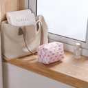 Cute Small Floral Cotton Makeup Bag, Quilted Zipper Pouch with Coquette Bear for Women and Girls, Kawaii Travel Cosmetic Bags for Purse(12White-pink bow)