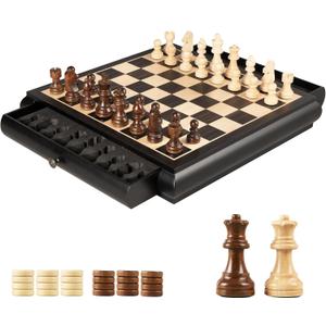 VAMSLOVE Wooden Chess Checkers Game Set 15.5" Large Size Board w/Storage Drawers, Weighted Chess Pieces - 2 Extra Queens 3" King, Gift for Birthday Housewarming Retirement - Black