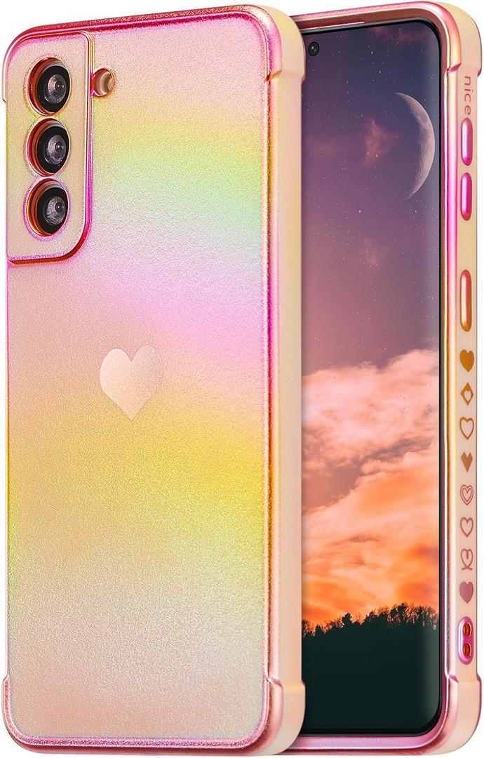 ZTOFERA for Samsung Galaxy S21 FE Case 6.4 inch,Cute Colorful Iridescent Plating Edge Case with Love Hearts Pattern,Camera Lens Protection Shockproof Phone Case for Women Girls,Iridescent Pink