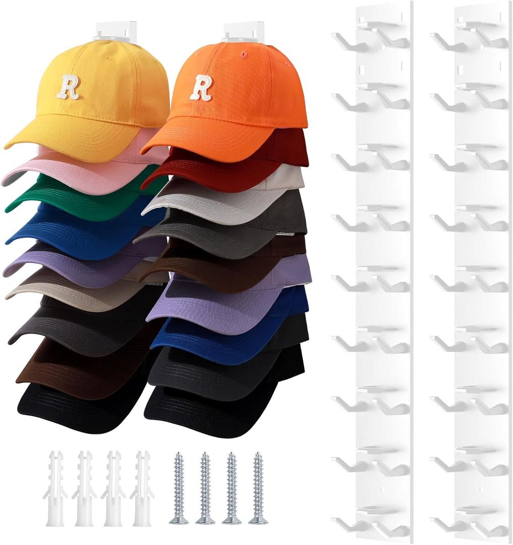 2 Pack Hat Organizer for Baseball Caps, Hat Hanger Holder Hold up to 16 Hat, Wall Hat Rack with Strong Adhesive, Multilayer Cap Storage Hooks for Closet Door and Bedroom (Beige-18)
