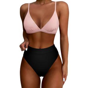 SUUKSESS Women High Waisted High Cut Bikini Set Sexy Triangle Two Piece Swimsuits (Small, 127 Pink Black)