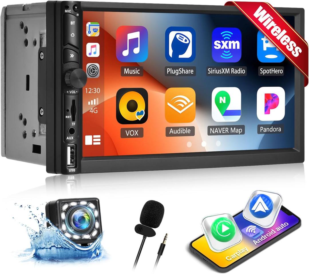 [Upgrade] Double Din Car Stereo with Wireless CarPlay Wireless Android Auto 7 Inch Car Audio Receiver Car Radio Touchscreen with Bluetooth 5.1, Mirror Link, Backup Camera, FM, SWC, USB/AUX/TF