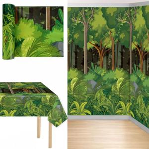 party greeting 54 Inch x 100 ft Rainforest Jungle Plastic Table Cover Roll Tablecloth Roll Tropical Greenery Table Cover for VBS 2026 Jungle Party Decorations Rainforest Greenery Background