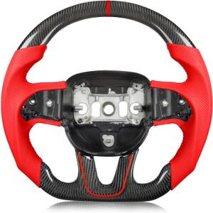 Carbon Fiber Steering Wheel for Dodge Challenger for Charger 2015-2024, Red Perforated Leather & Stitching Steering Wheel with Flat-Bottom D-Shaped Design Fits for SXT/GT/RT/SRT/for Hellcat, Red