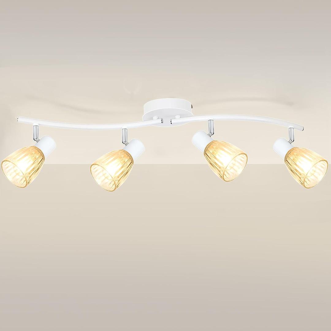 HiBay 4-Light Track Lighting White, Adjustable Modern Ceiling Light Fixture w/Glass Shades, Flush Mount Ceiling Wall Spotlight Indoor for Bathroom, Kitchen, Living Room, E12 Base, No Bulbs
