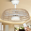 20 Inch Boho Rattan Fandelier, Semi Flush Mount Caged Bladeless Ceiling Fan with Light & Remote, Low Profile/6 Speed/Timer/3 CCT/Quiet/Reversible DC Motor, for Bedroom Living Room Kitchen