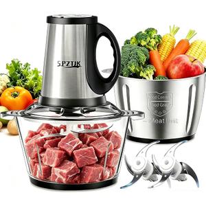 Electric Food Processor, 300W, 3 Speed Levels, 8 Stainless Steel Cups and 8 Cups, Meat Grinder, 2 Sets of 4 Blades with Two Levels, Vegetables