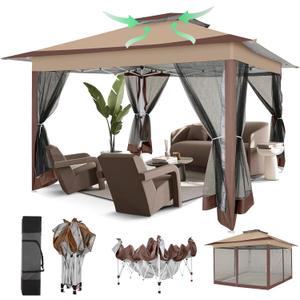 COBIZI 12x12 Pop Up Gazebos On Clearance - Upgrade Easy Up Metal Outdoor Gazebo Waterproof - Portable Gazebo with Mosquito Nettings, 4 Ropes 8 Stakes and Carry Bag for Patio Garden(Coffee), 12x12 Double Roof