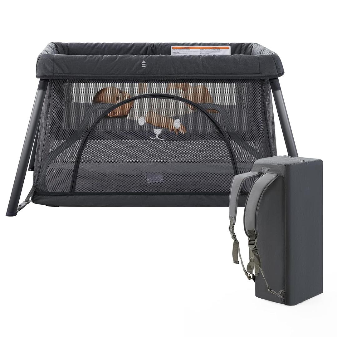 Travel Crib, Portable Crib for Baby, Pack and Play for Babies and Toddler, Lightweight Backpack Design, Foldable Travel Baby Playpen with Mattress(Dark Grey)