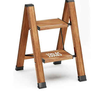 2 Step Ladder Folding Step Stool with Anti-Slip Sturdy and Wide Pedal, Lightweight 330lbs Portable Aluminum Woodgrain Shelf for Household and Kitchen Space Saving