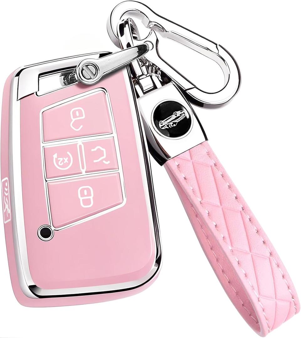 Montague Key Fob Cover for Volkswagen with Keychain, Premium TPU Key Case Compatible with VW Tiguan Atlas Taos SEL Jetta GLI Passat Arteon Remote Start Protector5 Buttons Pink