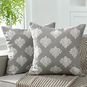 SmoothNovelty 2 Pcs Vintage Floral Pillow Covers 18x18 Inch 3D Embroidery Damask Flower Throw Pillow Covers Neutral Farmhouse Pillowcases Cushion Case for Couch Bed Rustic Sofa Living Room Home Decor