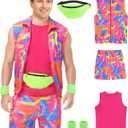 Mens 80s Workout Costume 90s Outfit for Men - Retro Neon 5 Piece Halloween Cosplay Couples Costume Set (Pink, XXL)