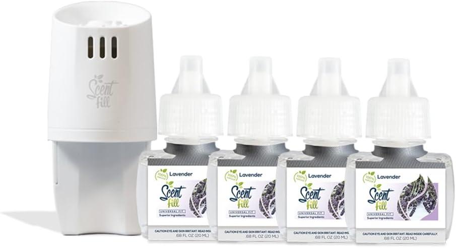 Scent Fill 100% Natural Lavender Plug in Refills Air Freshener, Scented Oil Refills, 4 Refills + Diffuser