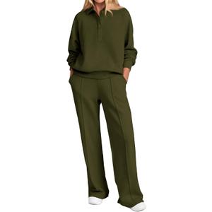 PRETTYGARDEN Women Fall 2 Piece Outfits Sweatsuits Quarter Button Long Sleeve Sweatshirt Wide Leg Pants Tracksuit Lounge Sets (X-Large, Army Green)