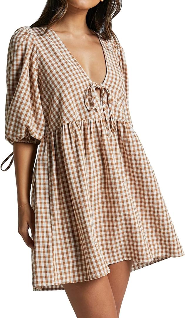 Women's Gingham Puff Sleeve Tie Front Babydoll Mini Dress (X-Large, Caramel White)