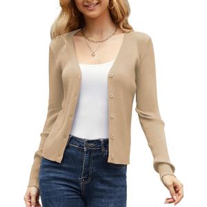 Women's Long Sleeve Ribbed Knit V Neck Button Down Slim Fitted Cropped Cardigan (Beige, XL)