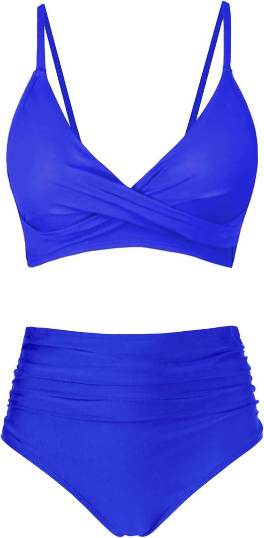 Women's High Waisted Bikini Sets Push Up Twist Front Spaghetti Straps Ruched Two Piece Swimsuit Bathing Suit (Large, Royal Blue)