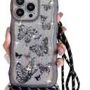Crossbody Case for iPhone 15 Pro Max 6.7'' with Detachable Lanyard, Hands-Free Bling Glitter Silicone Clear Cute Butterfly Curly Wave Woman Girls Cover with Adjustable Necklace Rope, Black
