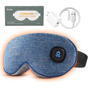 Ezona Cotton Cordless Heated Eye Mask, Warm Eye Compress Mask for Dry Eyes, Washable Eye Heating Pad for Travel, Dry Eyes, Blepharitis, Sinus Migraine (Blue)