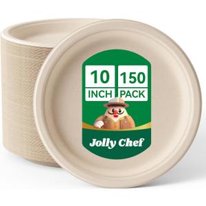 JOLLY CHEF Compostable Heavy Duty Plates [ ] Eco-Friendly Disposable Natural Paper Plates Bagasse Biodegradable Bulk for Party Dinner Thanksgiving Day (Brown)