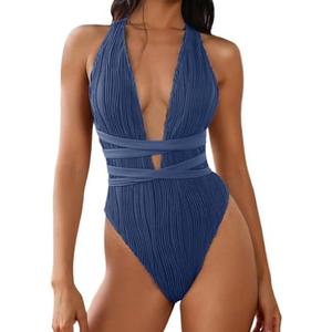 ZAFUL Women's One Piece Swimsuit Deep V Neck Ribbed Self Tie Sexy High Cut Bathing Suit Crisscross Back Swimwear