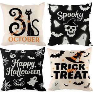Halloween Pillow Covers 18x18 inch Set of 4, Linen Outdoor Farmhouse Cute Ghost Vintage Cat Skull Spooky Trick or Treat Party Supplies Black and White Decorations for Sofa Couch