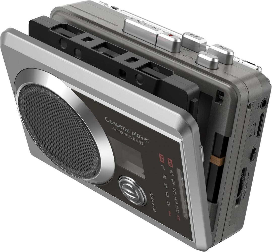 Portable Cassette Recorder Player & AM/FM Radio, Compact Cassette Tape Player with 3.5MM Headphone Jack, Built-in Speaker, Battery/USB Powered (Silver)