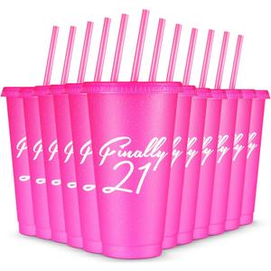 Bokon 12 Pieces Pink Tumbler Bulk 24 oz Birthday Cup with Straw and Lid 21st Birthday Decorations for Her Ice Reusable Coffee Cup Drinking Mug Tumbler for Girl Women Party Favor Supply(Finally 21)