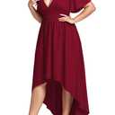 WUSENST Plus Size Wedding Guest Dress Formal High Low Dresses for Women Ruffle Short Sleeve Deep V Neck Elegant Long Gowns Wine Red (Red, XXL)