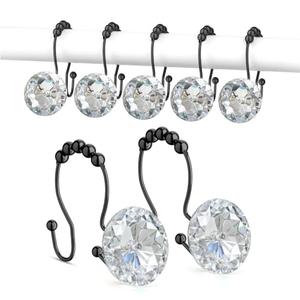 Goowin Shower Curtain Hooks, Crystal Shower Curtain Rings, Stainless Steel Black Shower Curtain Hooks, Metal Shower Curtain Hangers, Decorative Double Shower Hooks for Shower Curtain & Liner, Black