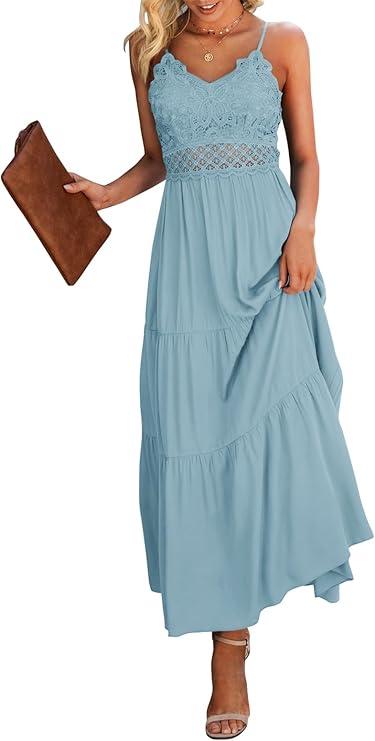 Dokuritu Women's Beach Crochet Lace Maxi Dress Solid Color Summer Vacation Spaghetti Strap Long Dress 2026, Size M