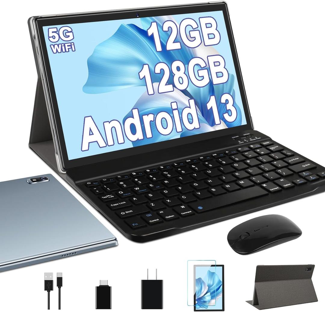 Oangcc Android 13 Tablet 10 Inch 2025 with 12GB(6+6 Expand)+128GB Keyboard Mouse Wi-Fi Blue/Tooth GPS 512GB Expand Support, Dual Camera Computer Tablets with Case - Grayish Blue