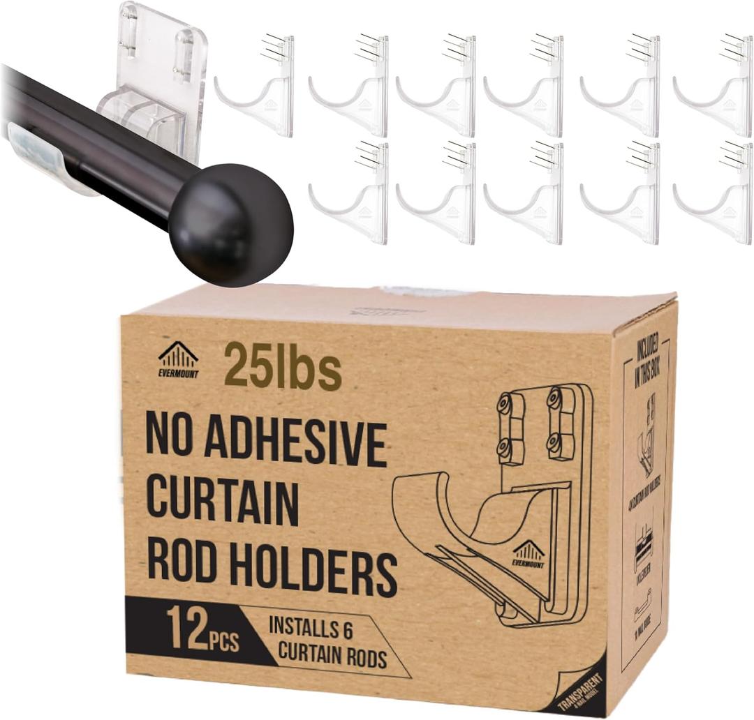 No Adhesive Heavy Duty Curtain Rod Holders with Wide Hook, 5X Stronger Than Adhesive Curtain Rod Hooks,Tension Curtain Rod Bracket for Wall with Pin Guide, Curtain Wall Mount (12 Pack, For 1.25" Rods)