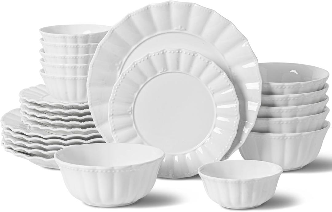Dinnerware Sets, 24 Piece Porcelain Plates and Bowls Sets Service for 6, Ceramic tableware, Modern Bone China Dish Sets, Wavy Pattern (White)