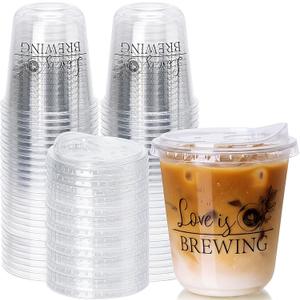 Jingmore 50 Set Plastic Round Bottom Cups with Strawless Plastic Lids Bridal Shower Coffee Drinking Cup 12oz Baby Shower Party Disposable Cups for Wedding Anniversary(Love is Brewing)